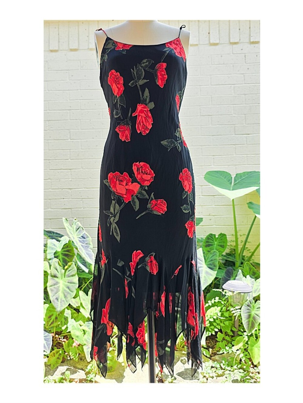 Vintage 90s Gothic Rose Beaded Handkerchief Hem Slip Dress 🌹✨